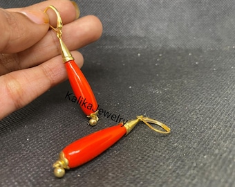 Handmade Art Deco Coral Drop Earrings: 14k Yellow Gold Plated