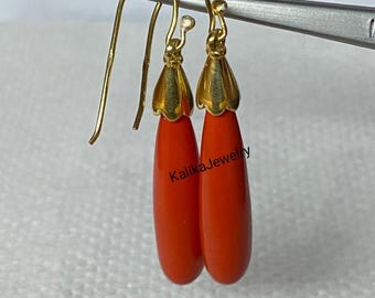 Victorian Coral Drop Earrings: 14k Yellow Gold Finish, Sterling Silver