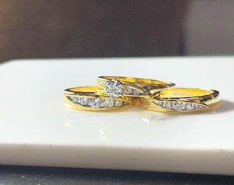 3 Three Ring Bridal Engagement Set in 14K Gold Plated / Diamonds - Round Lab Created Diamond Engagement Ring Set Wedding Bands - Bridal Set