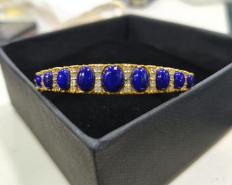 Viktorianischer Lapis Lazuli und Diamant Armreif 14k Gelbgold Plattiert