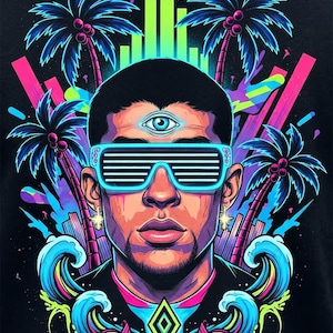 Puede incluir: Ilustración gráfica vibrante de una persona con gafas de sol azul neón y un ojo en la frente. Palmeras, olas y formas geométricas en rosa, azul y verde sobre un fondo negro.