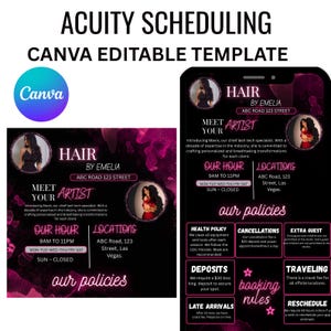 May include: Acuity Scheduling Canva editable template with a pink and black design. The template includes information about a hair stylist, including hours, location, and policies. The text includes "Hair by Emelia" and "Meet Your Artist".