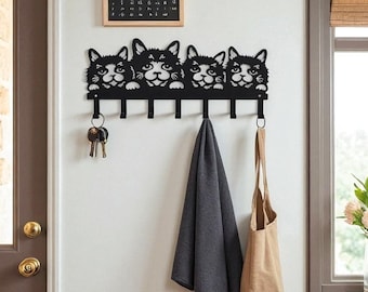 Cat Metal Key Holder, Wall Mounted Key Rack, Metal Wall Art, Cat Wall Hook, Kitchen Wall Decor, Entryway Organizer, Home Gift