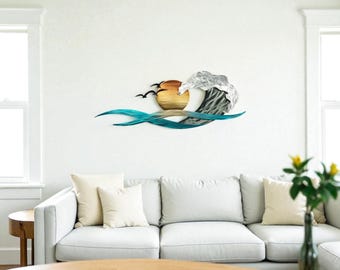Arte de pared de metal con atardecer y gaviota, colgante de pared de metal inspirado en el océano, decoración costera moderna para el hogar, escultura de pared náutica, idea de regalo