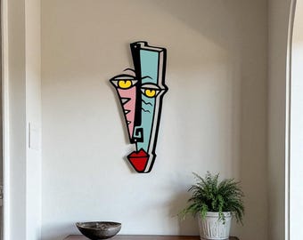 Abstract Face Wall Art, Metal Wall Decor, Colorful Modern Art Piece, Boho Wall Hanging, Unique Home Decoration, Housewarming Gift Idea