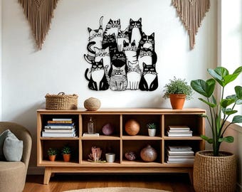 Matte Black Cat Metal Wall Art, Funny Cartoon Animal Sign, Cat Decor for Kids Room, Pet Shop, or Home, Unique Metal Craft Gift