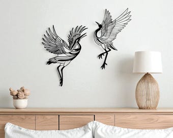 Väggdekoration i metall med kran, set om 2, elegant väggbonad med fågelsilhuett, minimalistisk svart metalldekor för vardagsrum, sovrum eller entré