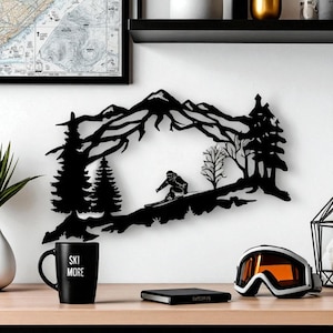 Skier Metal Wall Art, Mountain and Trees Metal Decor, RusticSki Lodge Hanging, Winter Sports Home Decoration, Ski Lover Gift, Cabin Wall Art