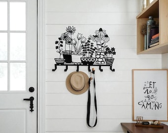 Metalen haak bloemen en planten, rustieke wandhanger, decoratieve ijzeren haak voor handdoeken, sleutels of tassen, botanische wanddecoratie, cadeau-idee