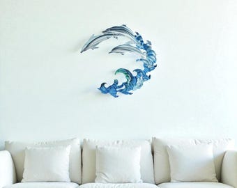 Colgante de pared de hierro con forma de delfín, arte de pared de metal inspirado en el océano, decoración náutica para el hogar, decoración de casa de playa, idea de regalo