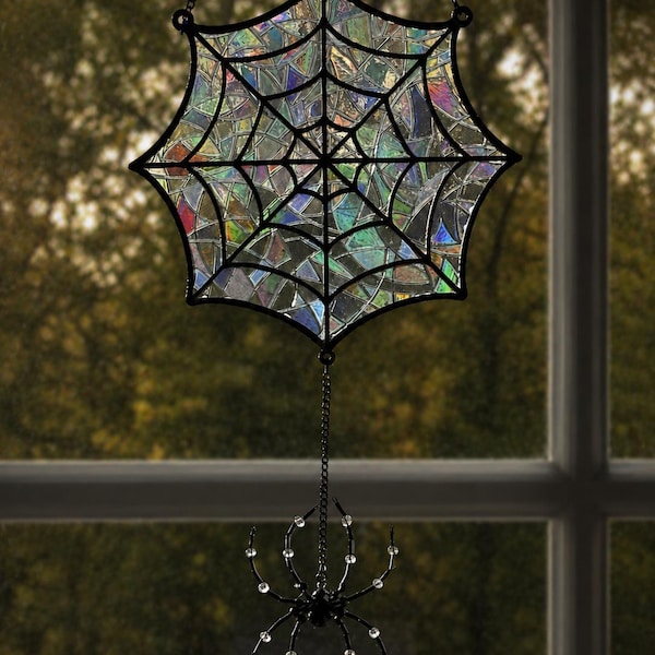 Mystical suncatcher "spider web with crystal spider" | Holographic window decoration | Gothic decor | Witch's gift