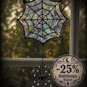 Mystischer Sonnenfänger „Spinnennetz mit Kristallspinne“ | Holografischer Fensterschmuck | Gothic Deko | Hexen Geschenk
