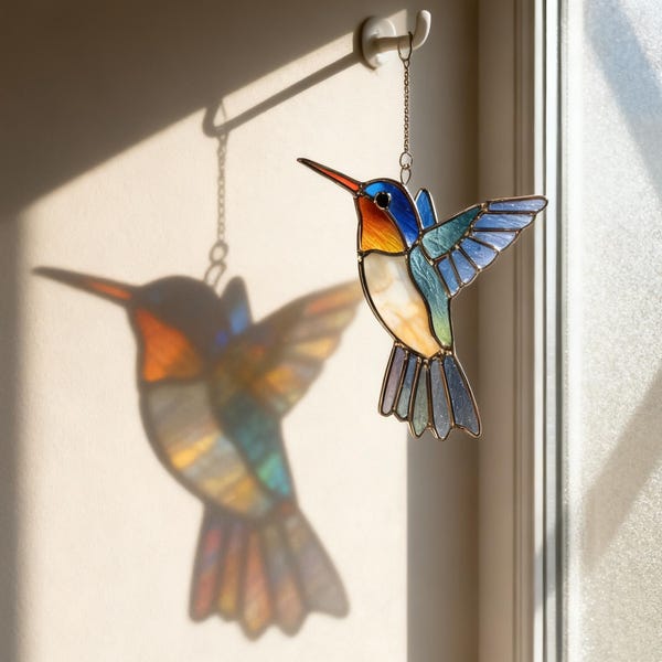 Custom Hummingbird Stained Glass Suncatcher Hand Stained Glass Ornament Unique Window Hanging Plant Home Decor, Bird Christmas Ornament Gift