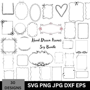 Puede incluir: Una colección de 30 diseños de marcos dibujados a mano en blanco y negro. Los marcos varían en forma, incluyendo cuadrados, óvalos y corazones, con elementos decorativos como lazos, flores y vides. El texto dice "Hand Drawn Frames Svg Bundle" y "30 Designs".