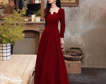 Elegante vestido de noche rojo de manga larga – Vestido de fiesta estilo princesa vintage de corte A