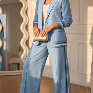 light blue dress pants women's Blue Tweed Pants - Wide-Leg Pants - High-Waisted Trouser Pants