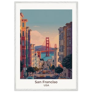 San Francisco Travel Poster – Framed Wall Art with Golden Gate Bridge, Museum-Quality Matte Print, USA Cityscape Illustration