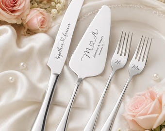 Personalized Wedding Cake Cutting Set, Custom Cake Knife and Forks Set, Engraved Gold/Silver Knife Server Set Bridal Gift Wedding Cake Gifts