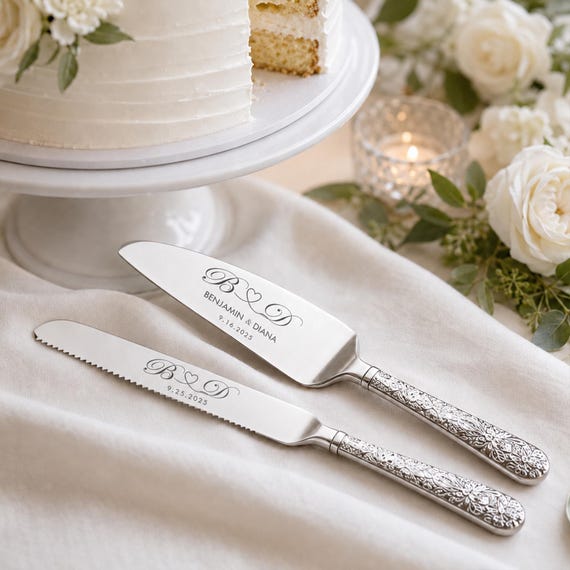 Personalized Wedding Cake Knife Set, Engraved Gold/Silver Cake Server Set, Custom Mr Mrs Cake Cutting Set, Bridal Shower Anniversary Gift