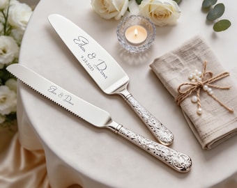 Set di coltelli da torta personalizzato, paletta per torta nuziale incisa, set per tagliare la torta in oro e argento, regalo per addio al nubilato, ricordo di nozze
