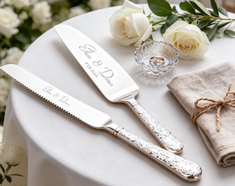 Conjunto de facas para bolo de casamento personalizado, conjunto de espátulas para bolo gravadas em ouro/prata, conjunto personalizado para cortar bolo "Sr. e Sra.", presente para chá de panela ou aniversário.