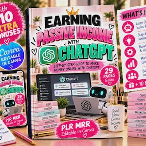 Può includere: Un pacchetto di prodotti digitali che include una guida di 29 pagine intitolata Earning Passive Income with ChatGPT, un display per smartphone, un blocco note con una lista di controllo e blocchi rosa con vari argomenti aziendali.