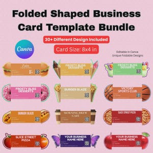 May include: A digital bundle of folded shaped business card templates featuring over 30 designs. The graphic displays various rectangular cards with food, sports, and butterfly themes, including text like Zain Food Studio and Frosty Bliss Desserts.