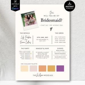 Editable Bridesmaid Information Card | Bridesmaid Info Card Template | Bridesmaid Proposal Card Template | Bridesmaid Groomsman Template