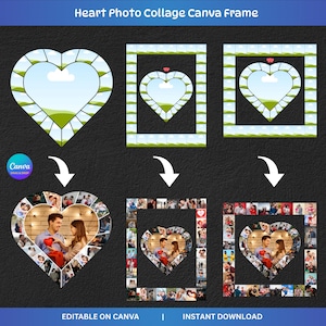May include: A digital collage template with a heart-shaped design, featuring a central heart and surrounding photo frames. The template includes the text "Heart Photo Collage Canva Frame", "Editable on Canva", and "Instant Download".