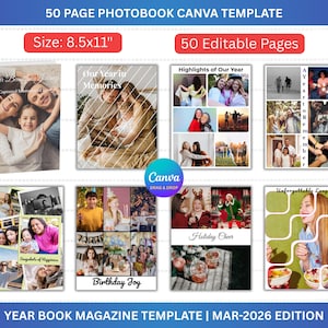 Fotobok Canva-mall 50 sidor | Redigerbart årsbokfotoalbum | Familjeminnesbok | Fotokollagetidning | Dra-och-släpp Canva-mall