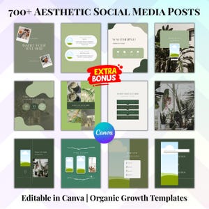 K&ouml;nnte beinhalten: Eine Sammlung &auml;sthetischer Social-Media-Post-Vorlagen in Gr&uuml;n- und Wei&szlig;t&ouml;nen. Das Bild zeigt verschiedene Layouts mit Platzhaltern f&uuml;r Text und Bilder, mit dem Text "700+ AESTHETIC SOCIAL MEDIA POSTS" und "Editable in Canva | Organic Growth Templates".