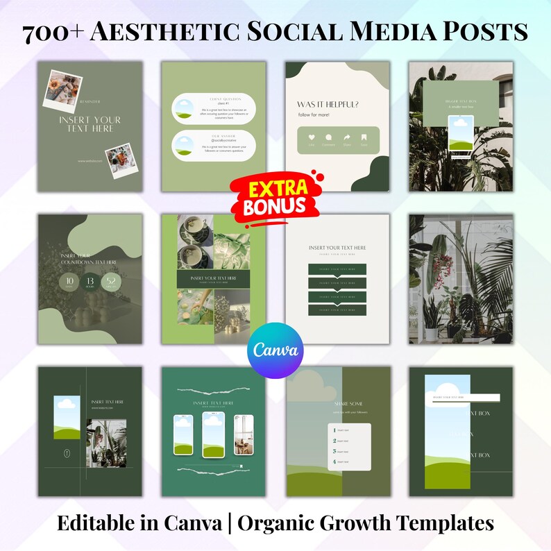 K&ouml;nnte beinhalten: Eine Sammlung &auml;sthetischer Social-Media-Post-Vorlagen in Gr&uuml;n- und Wei&szlig;t&ouml;nen. Das Bild zeigt verschiedene Layouts mit Platzhaltern f&uuml;r Text und Bilder, mit dem Text "700+ AESTHETIC SOCIAL MEDIA POSTS" und "Editable in Canva | Organic Growth Templates".
