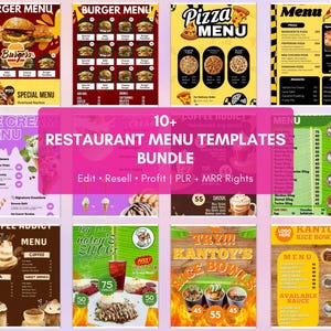 May include: A collection of restaurant menu templates, including burger, pizza, ice cream, and coffee menus. The bundle includes the text "10+ RESTAURANT MENU TEMPLATES BUNDLE" and the words "Edit, Resell, Profit, PLR + MRR Rights".