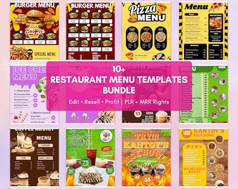 Restaurant Menu Templates Canva Bundle | Editable Food Menu Designs for Pizza Burger Coffee Cafe PLR MRR Digital Download