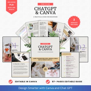 Pu&ograve; includere: Una guida pratica per principianti su come usare ChatGPT & Canva, con una copertina bianca e testo rosso. La guida include capitoli, bonus e il testo "Impara a fare brainstorming, scrivere, progettare e lanciare prodotti digitali con l'IA."