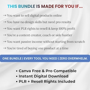 Pu&ograve; includere: Annuncio di un pacchetto di prodotti digitali con testo in turchese e rosso. Il testo recita "THIS BUNDLE IS MADE FOR YOU IF..." seguito da punti elenco. La parte inferiore dell'immagine presenta il testo "ONE BUNDLE | EVERY TOOL YOU NEED | ZERO OVERWHELM."