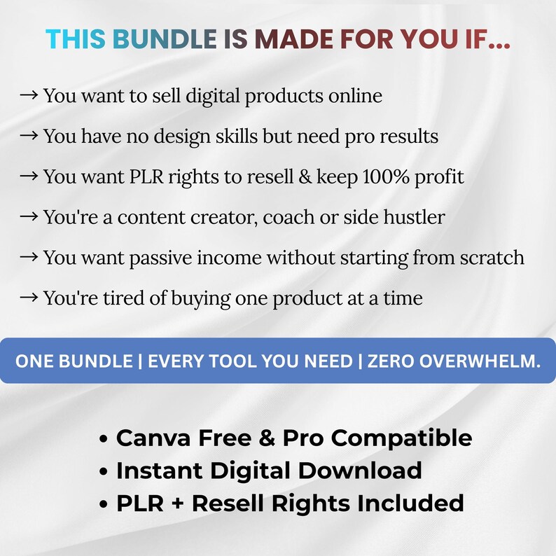 Pu&ograve; includere: Annuncio di un pacchetto di prodotti digitali con testo in turchese e rosso. Il testo recita "THIS BUNDLE IS MADE FOR YOU IF..." seguito da punti elenco. La parte inferiore dell'immagine presenta il testo "ONE BUNDLE | EVERY TOOL YOU NEED | ZERO OVERWHELM."