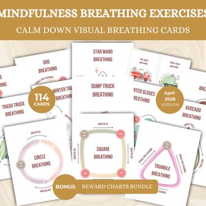 May include: A set of mindfulness breathing exercise cards. The cards display different breathing techniques, such as Turtle, Dog, and Circle breathing. The cards are white with colourful illustrations and text, and include a bonus reward charts bundle.