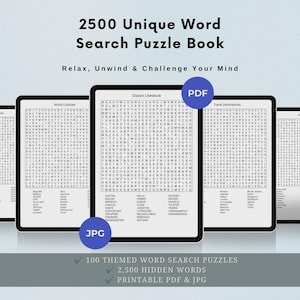 May include: A digital word search puzzle book collection featuring 2500 unique words across 100 themed puzzles. The display shows multiple pages with grids of letters and word lists, labeled as PDF and JPG formats, with the title 2500 Unique Word Search Puzzle Book.