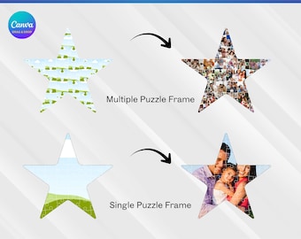 Pode incluir: Imagem digital de modelos de molduras de quebra-cabeça em forma de estrela. A imagem mostra dois conjuntos de quebra-cabeças de estrela, um para várias fotos e outro para uma única foto. O texto "Star Puzzle Frame Templates (Set of 2)" está no topo, com "Editable on Canva | Instant Download" na parte inferior.