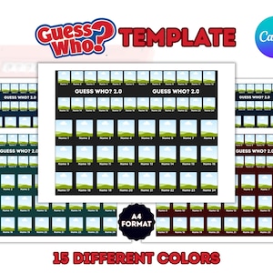 Puede incluir: Una colección de plantillas del juego "¿Quién es quién?" en varios colores. Cada plantilla presenta una cuadrícula con espacios para fotos y nombres, con el texto "GUESS WHO? 2.0" en la parte superior. La imagen también incluye el texto "TEMPLATE", "A4 FORMAT" y "15 DIFFERENT COLORS".