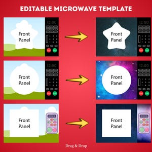 Può includere: Un modello di microonde modificabile con vari design del pannello frontale, tra cui forme di nuvole, stelle e cerchi. Ogni design presenta un orologio digitale e un pannello di controllo. Il testo "EDITABLE MICROWAVE TEMPLATE" e "Drag & Drop" sono anche visibili.