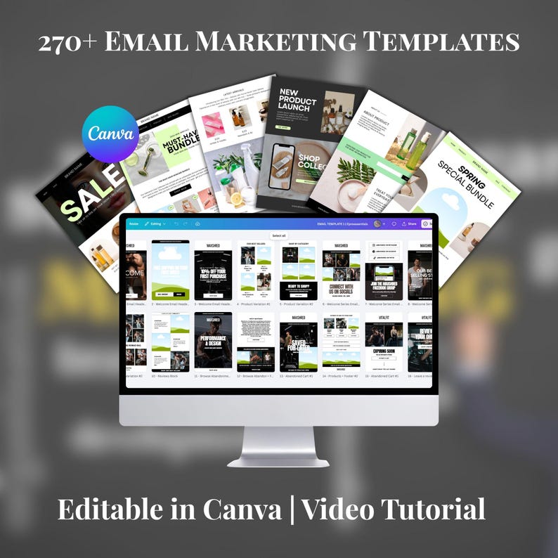 Pu&ograve; includere: Un monitor di computer mostra modelli di email marketing, circondati da vari esempi di email promozionali. L'immagine include il testo "270+ EMAIL MARKETING TEMPLATES" e "Editable in Canva | Video Tutorial". &Egrave; visibile anche un logo Canva.