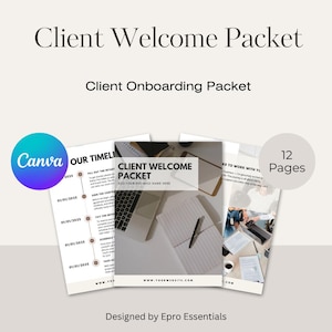 以下が含まれることがあります： クライアントウェルカムパケットとクライアントオンボーディングパケットが表示されています。デザインには、Canvaのロゴ、タイムライン、および「Client Welcome Packet」というテキストのパケットが含まれています。画像には「12ページ」のグラフィックも表示されています。
