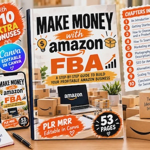 Op de afbeelding: Een boek getiteld Make Money with Amazon FBA, een stapsgewijze handleiding voor het opbouwen van een winstgevend Amazon-bedrijf. De cover toont een laptop, verzenddozen en een winkelwagentje. Het bevat 53 pagina's en is bewerkbaar in Canva.