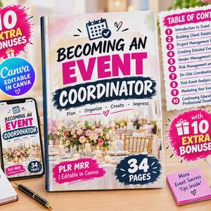 Puede incluir: Un libro titulado Becoming an Event Coordinator con tabla de contenidos, un smartphone mostrando la misma portada, un cuaderno de espiral, un bolígrafo y una nota adhesiva rosa. La portada muestra un arreglo floral y 34 páginas.