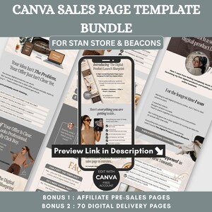 May include: A Canva sales page template bundle for Stan Store and Beacons. The design features a smartphone mockup showcasing a digital product launch blueprint. Additional pages include text and graphics with the text "Preview Link in Description".