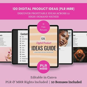 May include: A digital product guide featuring 120 ideas across 12 niches, presented on tablet screens against a pink background. The central guide displays the text 120 Digital Product IDEAS GUIDE, PLR MRR, and 10 Free Bonuses in pink circles.