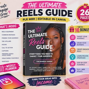 Instagram Reels Guide, Reels Marketing Ebook, PLR MRR Editable Canva, Social Media Guide, Content Strategy & Weekly Planner