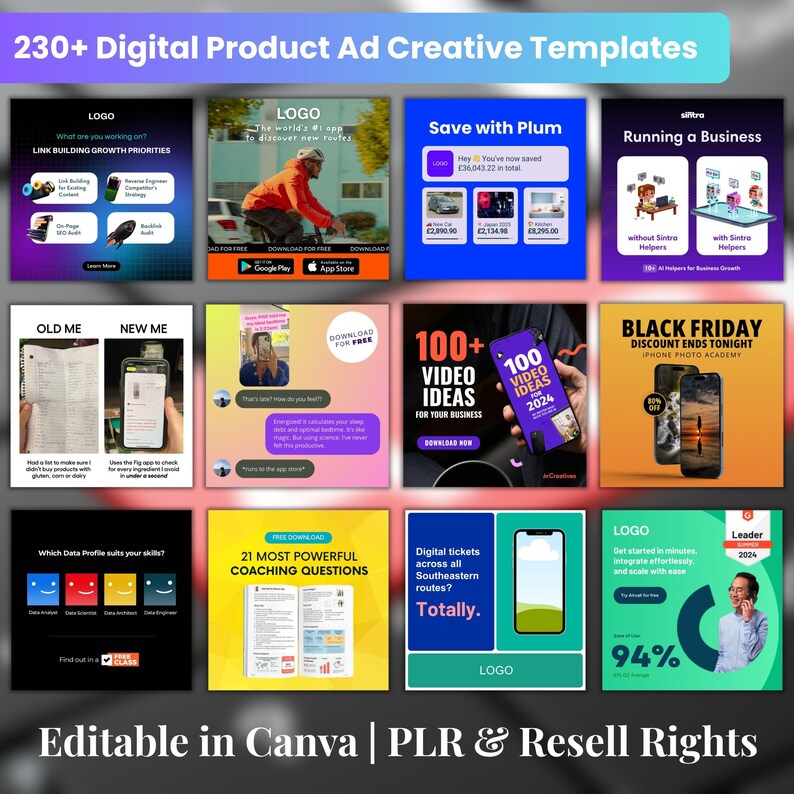 Pu&ograve; includere: Un grafico promozionale con il testo "230+ Digital Product Ad Creative Templates". L'immagine mostra vari modelli di annunci digitali con diversi temi e design, inclusi testo e grafica. La parte inferiore dell'immagine recita "Editable in Canva | PLR & Resell Rights."